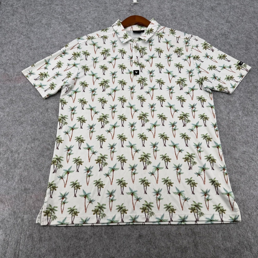 Bad Birdie Mens Palm Tree Golf Polo Shirt White Large Tropical Performance Short